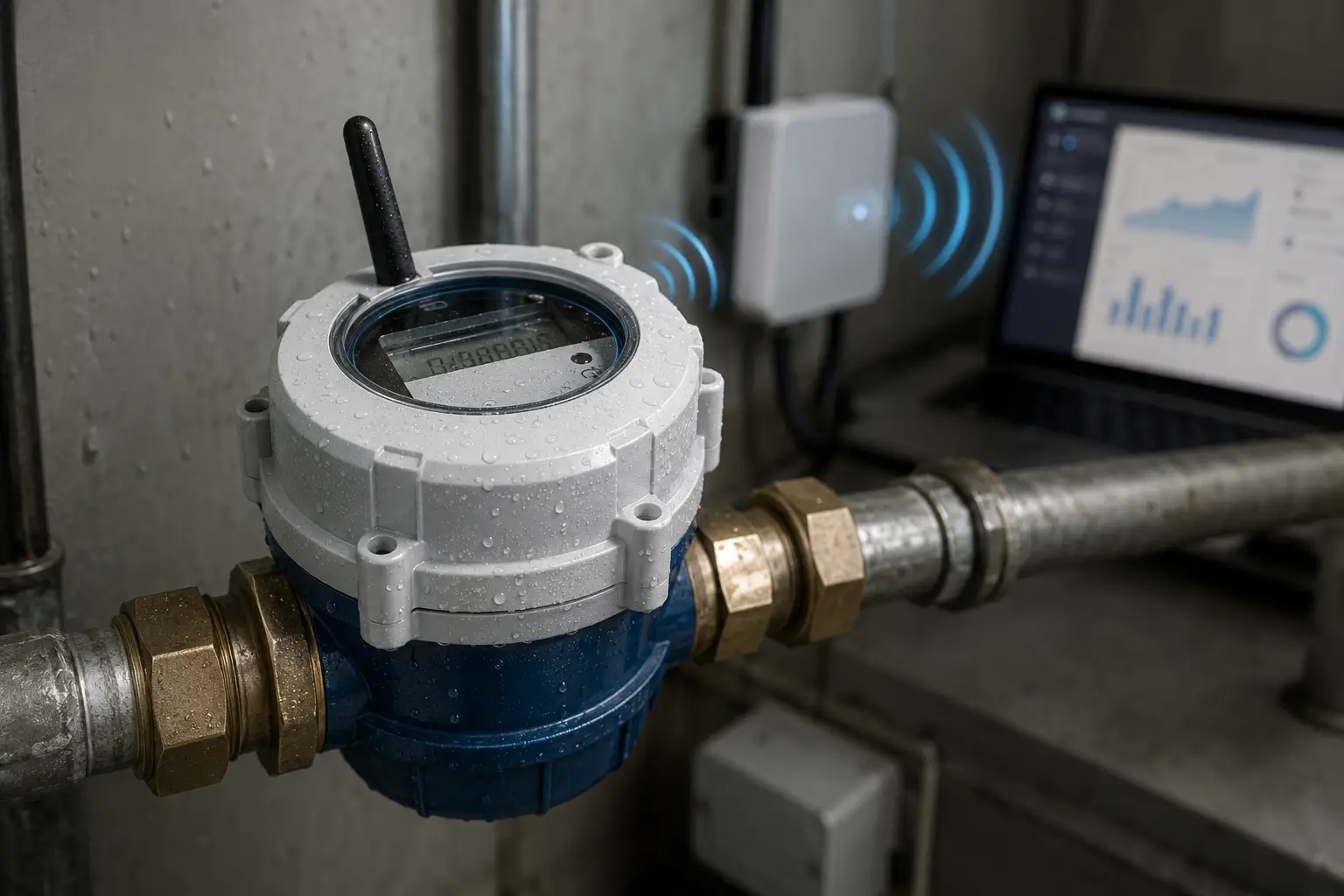 صورة مقرّبة لعداد مياه ذكي يعمل بتقنية LoRaWAN، يقوم بنقل بيانات استهلاك المياه إلى بوابة ومنصة مراقبة عن بُعد.