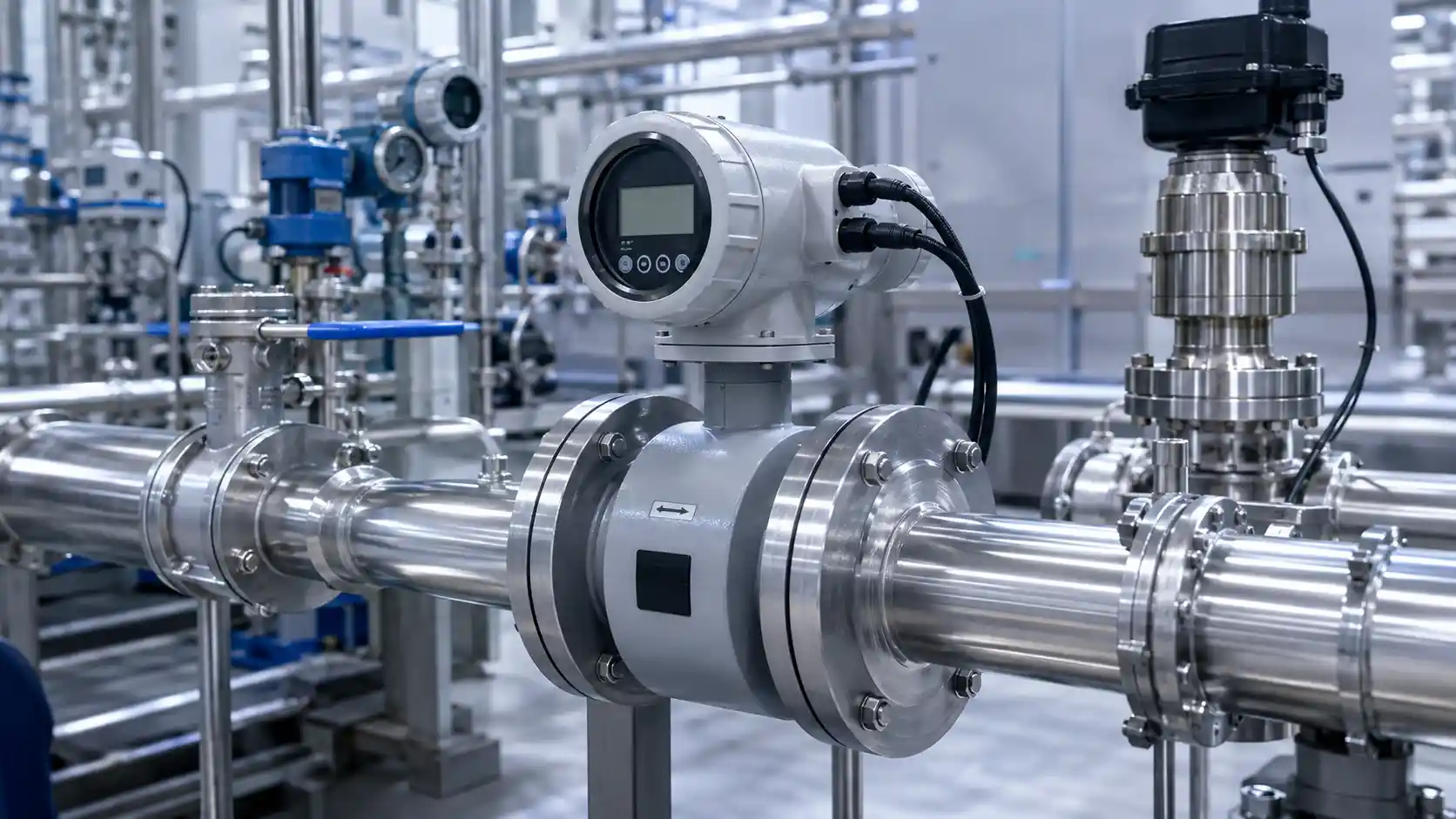 Electromagnetic water meter installed on pipeline at municipal water treatment plant