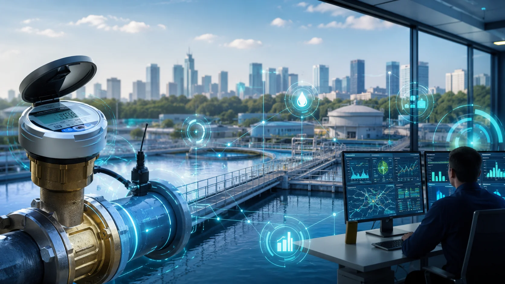 Future smart water management system connecting meters, pipelines, data platforms, and urban utilities