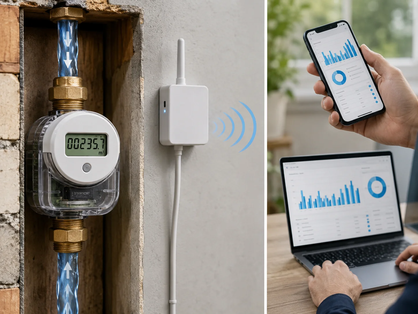 How a smart water meter measures water flow and sends usage data to a phone and laptop