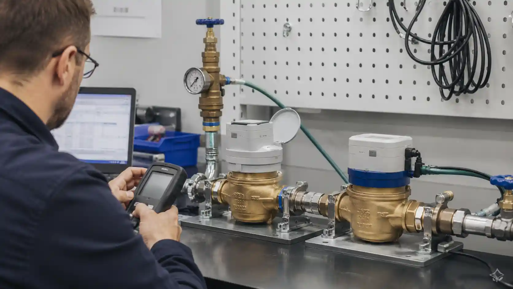 Quality control engineer testing mechanical and ultrasonic smart water meters on an industrial laboratory test bench