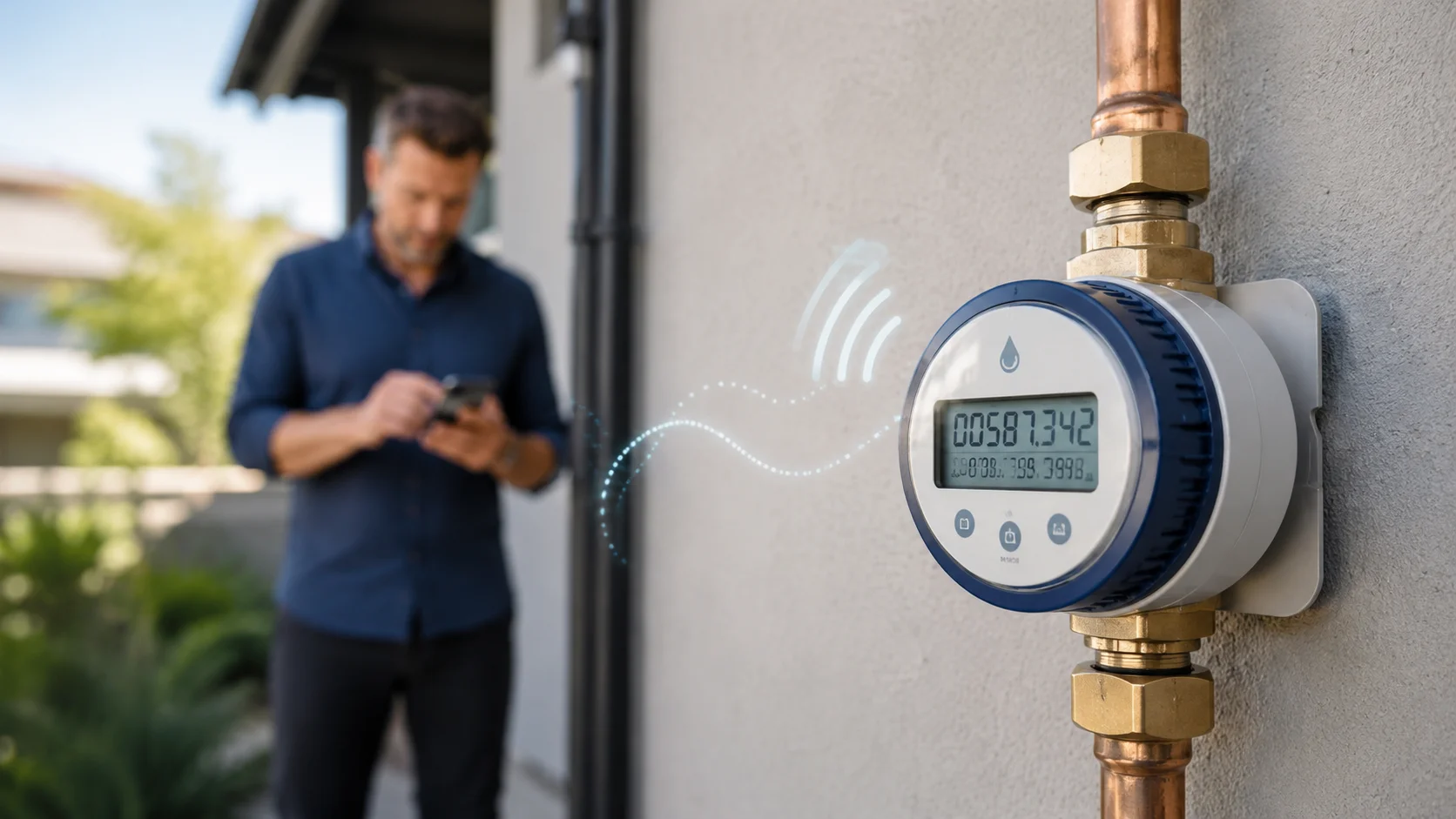 Smart water meter installed on a residential pipe with wireless usage monitoring