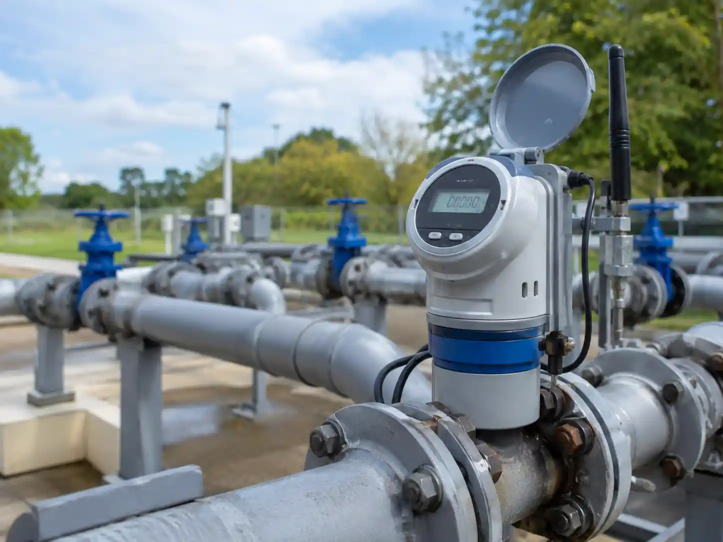 Outdoor smart water meter with antenna in municipal water network