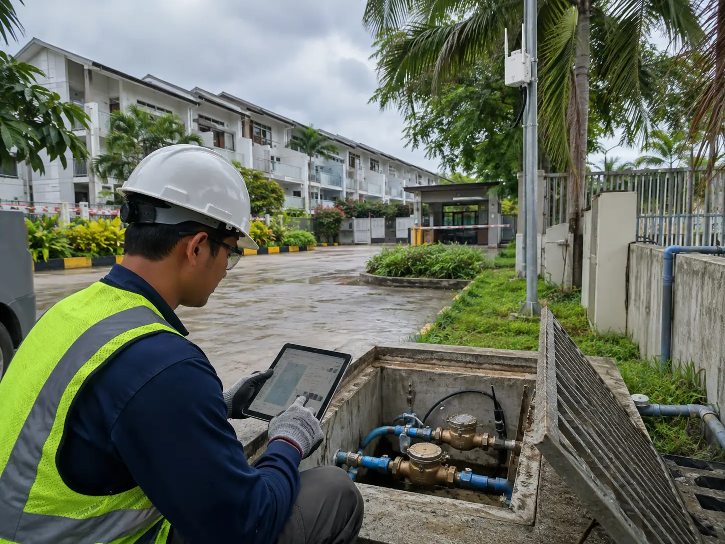 فني يقوم بفحص عدادات المياه بتقنية LoRaWAN واختبار الاتصال اللاسلكي في موقع مشروع سكني في جنوب شرق آسيا