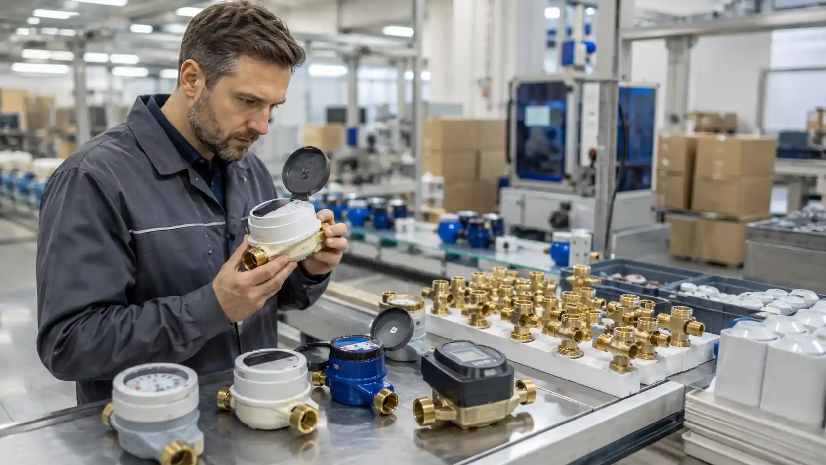 Technician inspecting water meters in a factory.