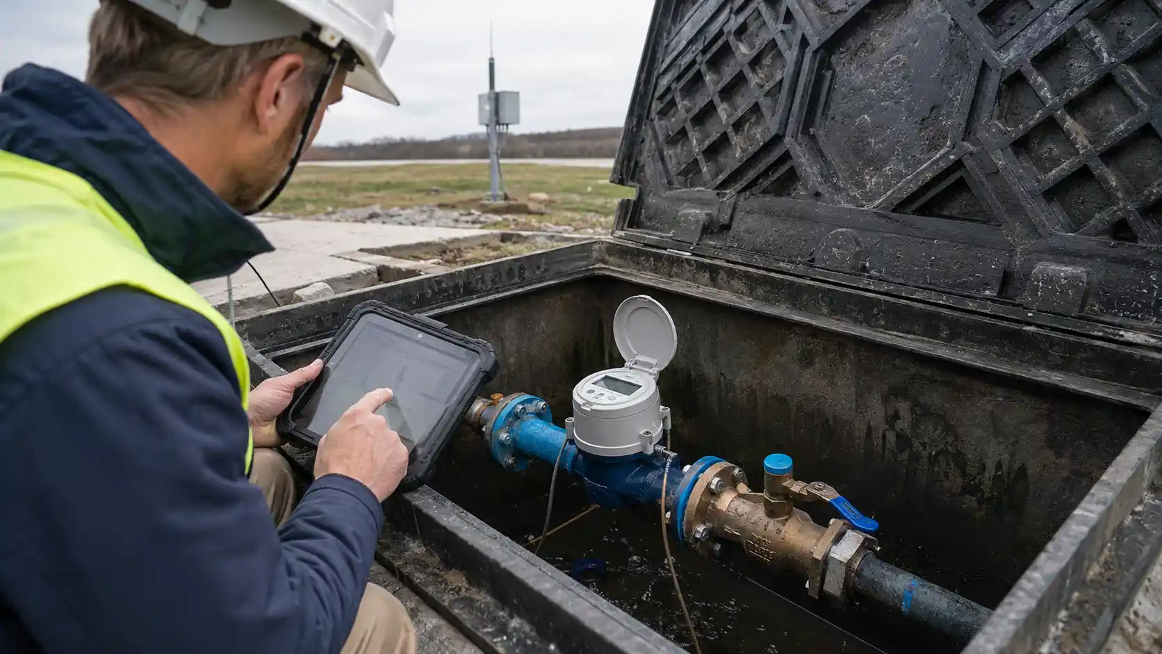 Utility technician inspecting a LoRaWAN smart water meter installed in an underground meter pit using a rugged tablet