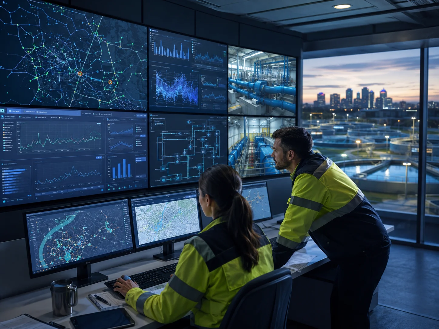 Water utility engineers monitoring smart water networks, leak alerts, and real-time system dat
