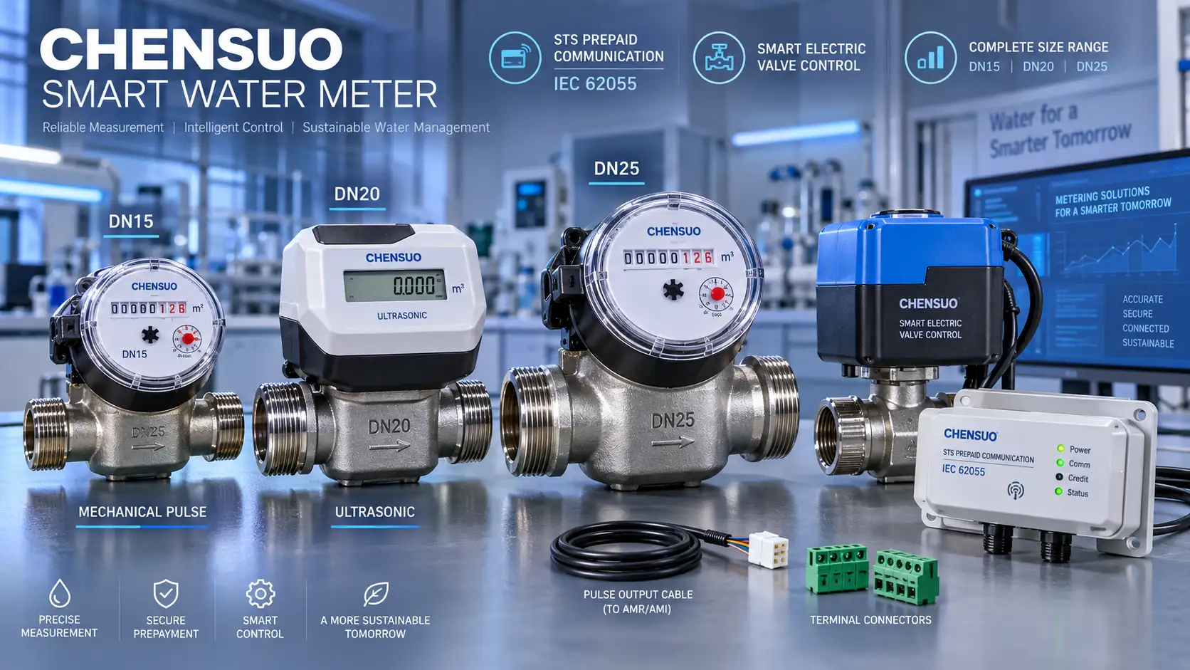 Chenshuo smart water meter with STS prepaid valve control and DN15 to DN25 assemblies