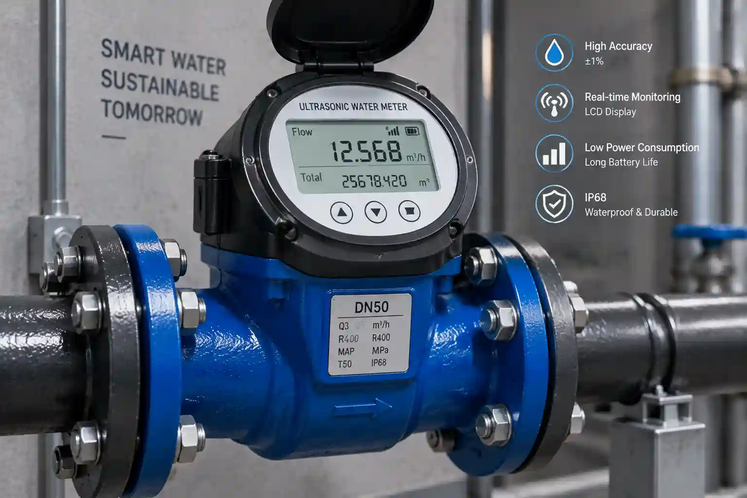 Digital ultrasonic water meter with LCD display for smart flow measurement