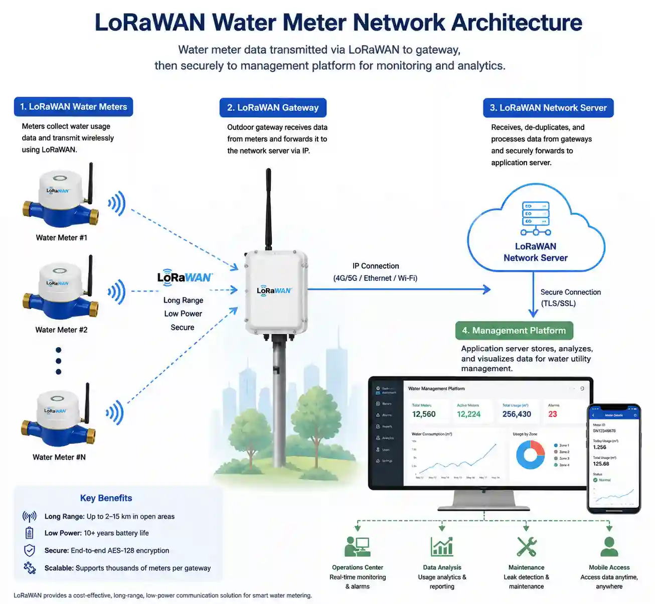 Schéma d'architecture du réseau de compteurs d'eau LoRaWAN montrant la transmission des données des compteurs via une passerelle extérieure vers la plateforme de gestion.
