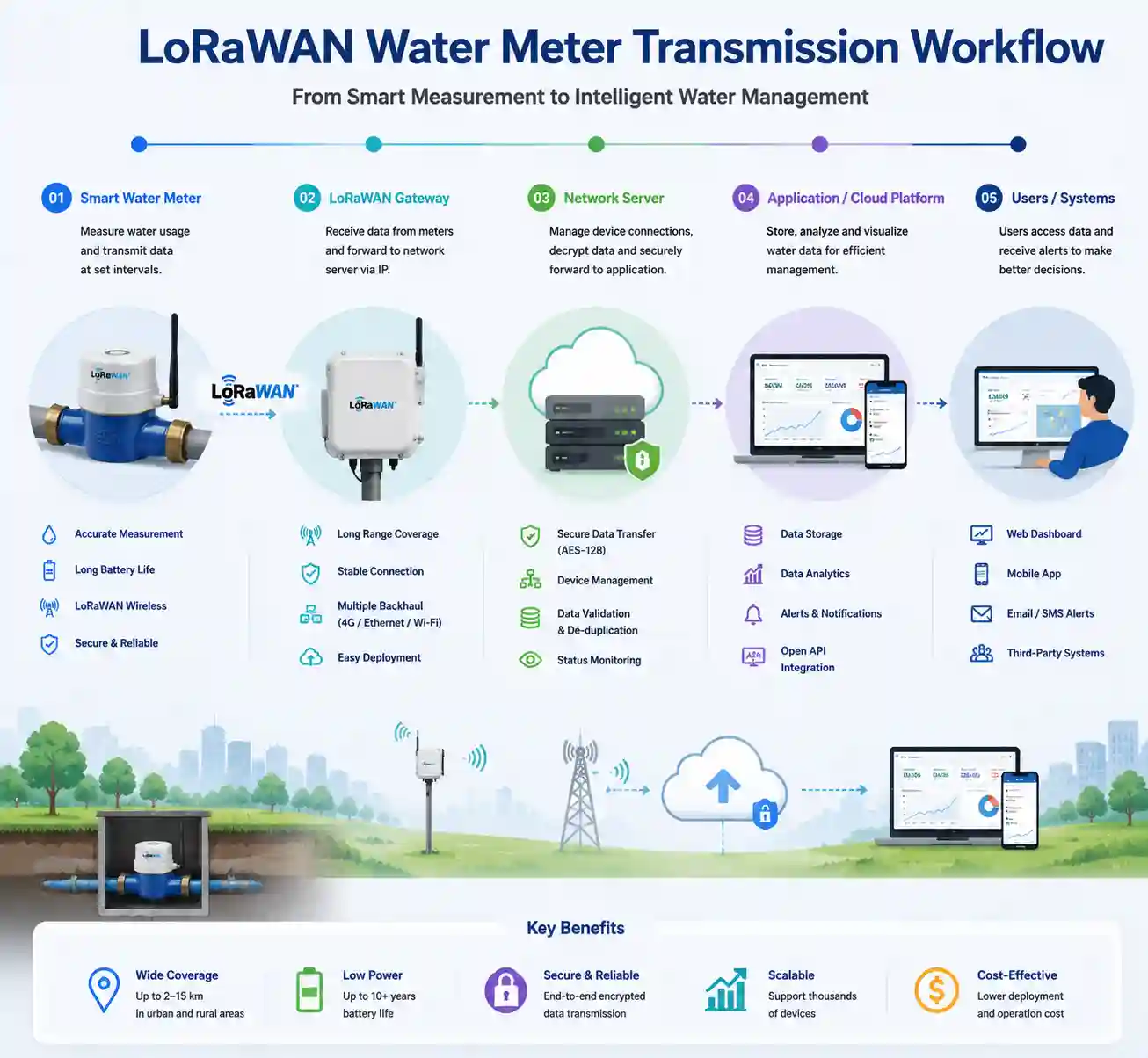 مخطط سير عمل نقل بيانات عداد المياه عبر شبكة LoRaWAN، يوضح تدفق البيانات اللاسلكية من عداد القياس إلى البوابة ومنصة الحوسبة السحابية.