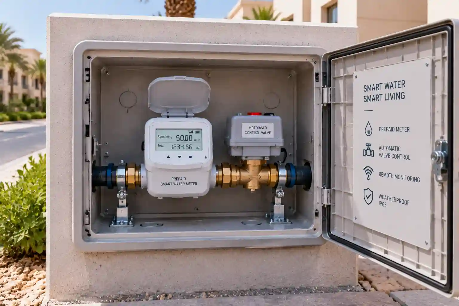 Smart prepaid water meter with valve control installed in an outdoor meter cabinet