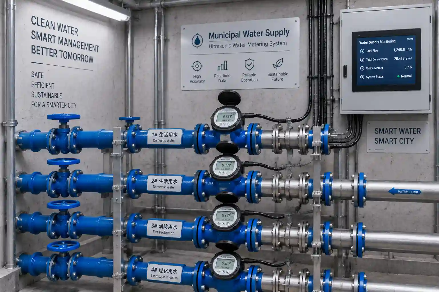 Ultrasonic water meters installed on municipal water supply pipes in utility room