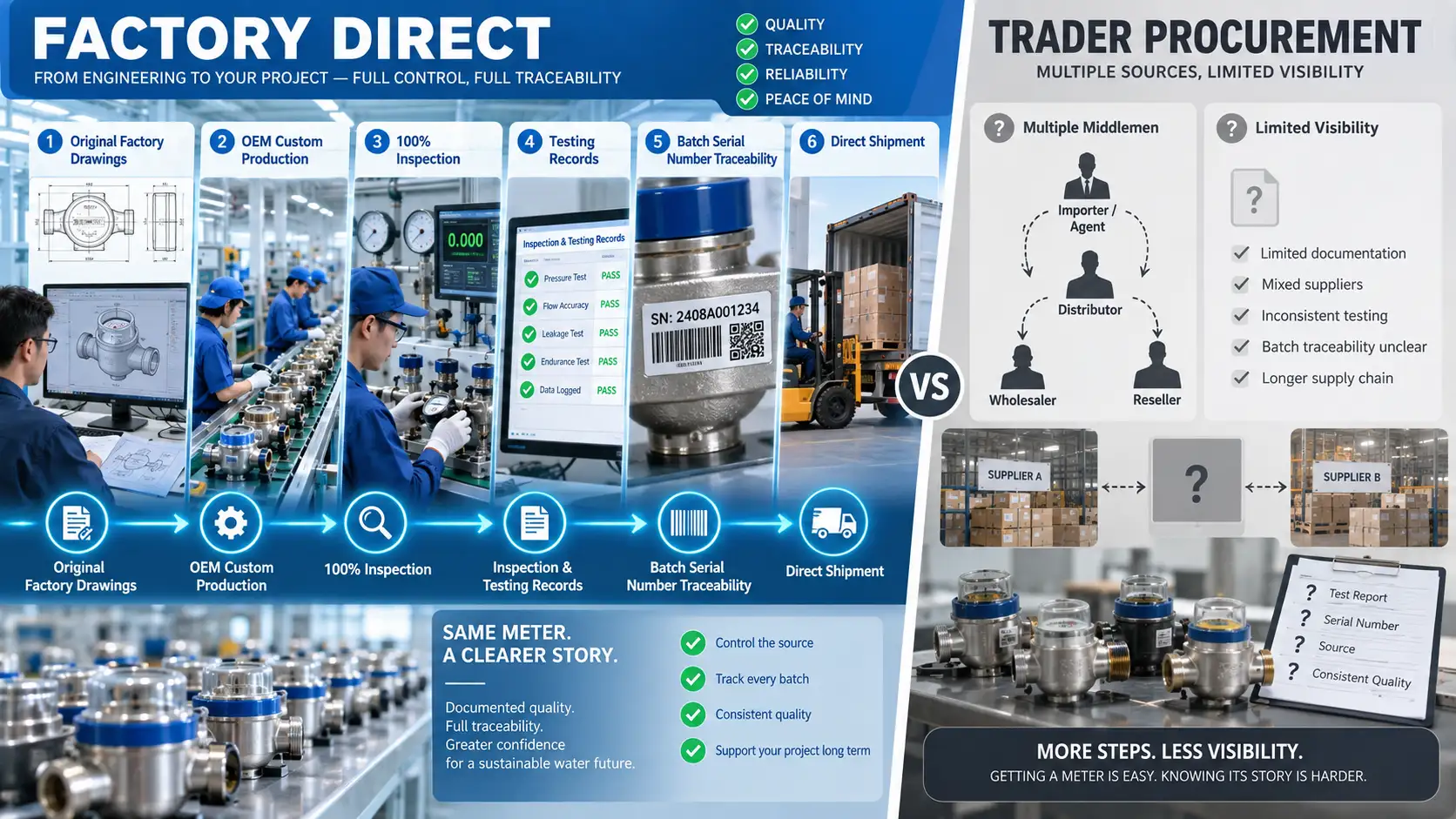 Water meter factory direct production control, batch traceability, and inspection testing records