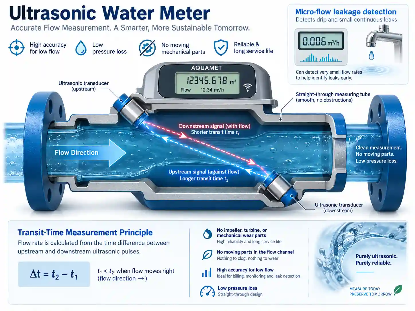ransit-time ultrasonic water meter measurement and micro-flow leakage detection