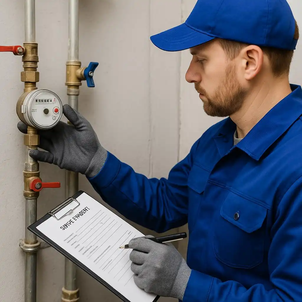 Engineer checking water meter model information against technical documents and inspection records
