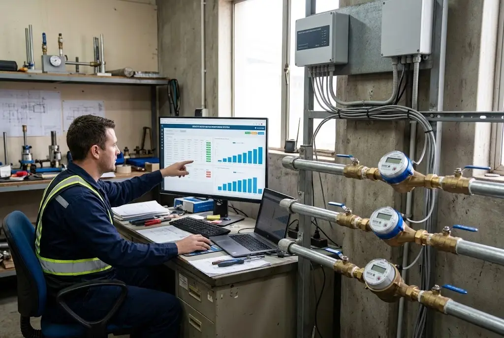 Engineer verifying smart water meter remote reading data