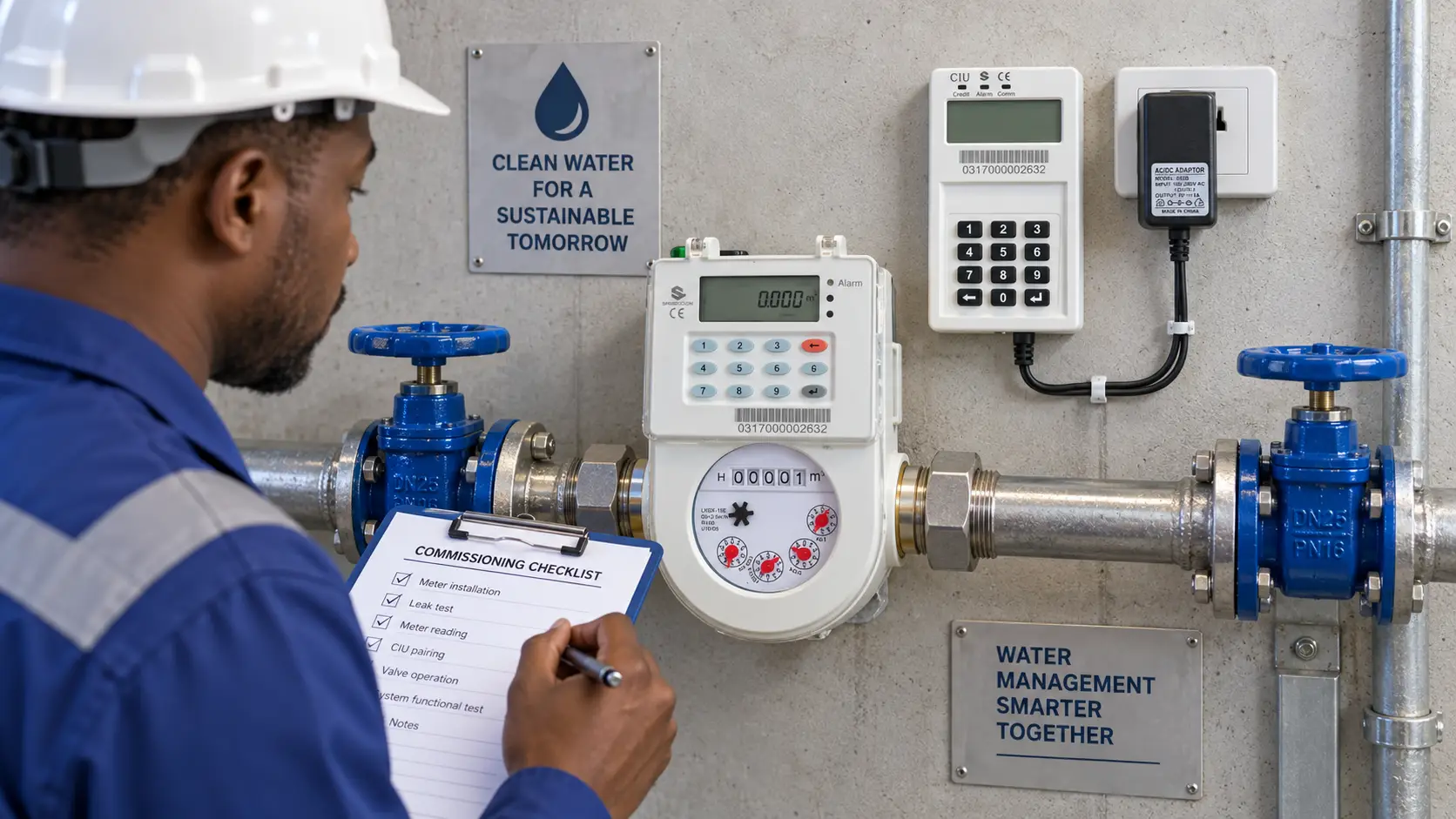 Technician performing STS prepaid water meter commissioning